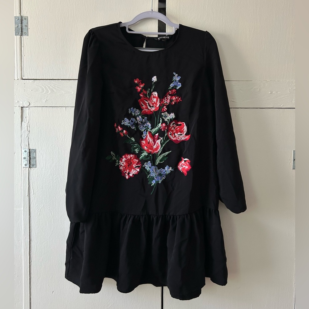 Express small black long sleeve dress with embroidered flowers
